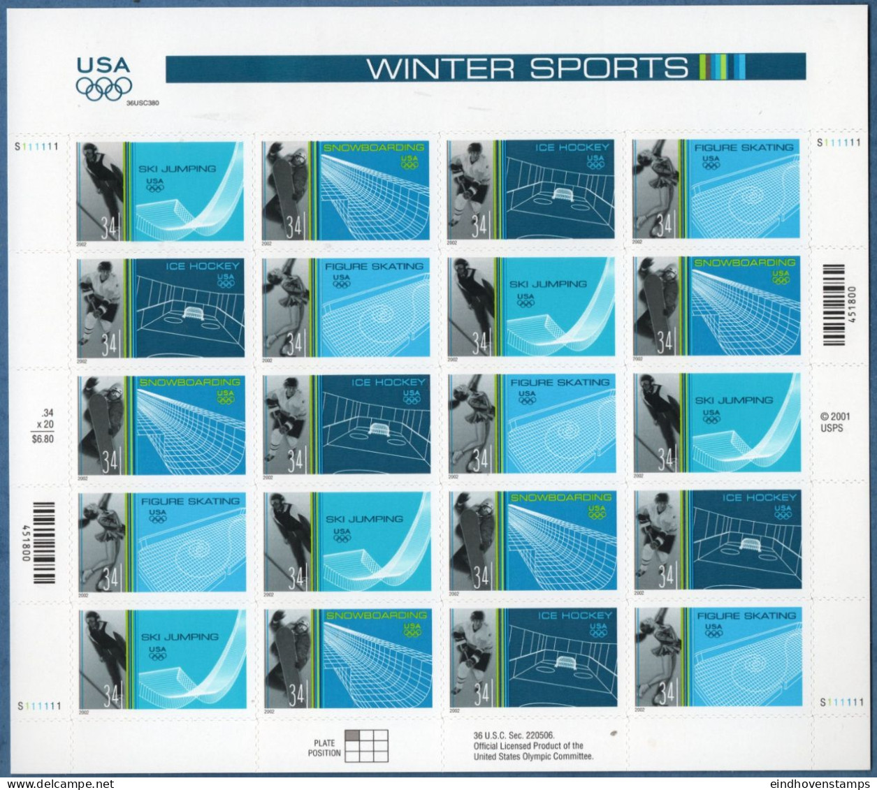 USA 2002 Olympic Wintergames Salt Lake City Fullsheet 5*4 Values MNH Ski Jump, Snowboard, Ice Hockey, Figure Skating - Hiver 2002: Salt Lake City