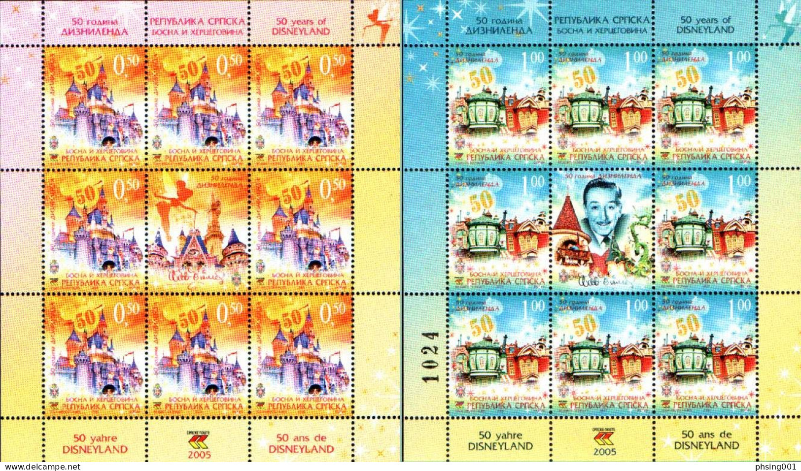 Bosnia Serbia 2005 Walt Disney, 50 Years Anniv. Disneyland, Cartoons, USA, Mini Sheet MNH - Bosnia Herzegovina