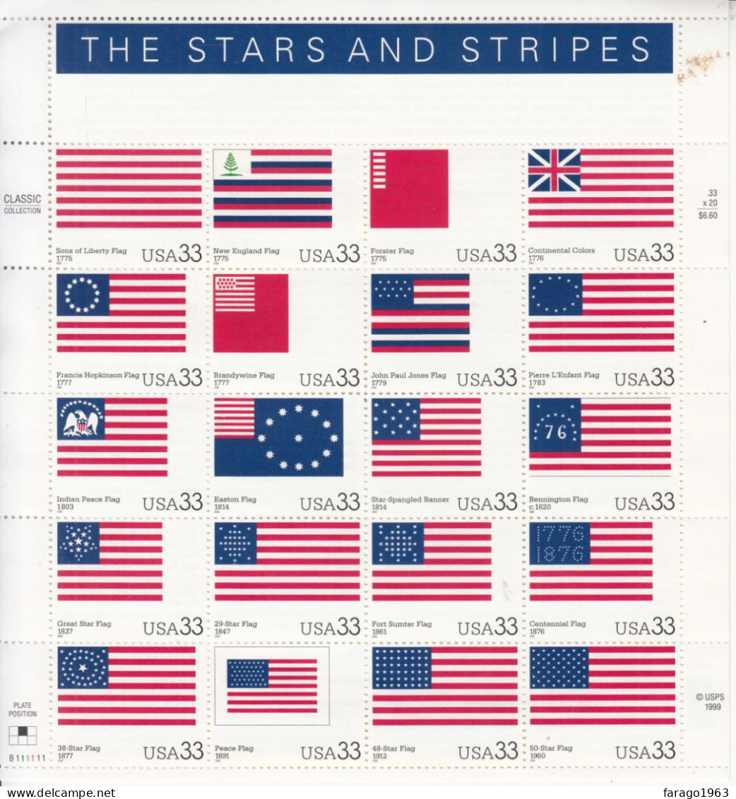 2000 United States Stars & Stripes Flags **Stain Top Right Stamps Fine ** Miniature Sheet Of 20 MNH - Nuevos