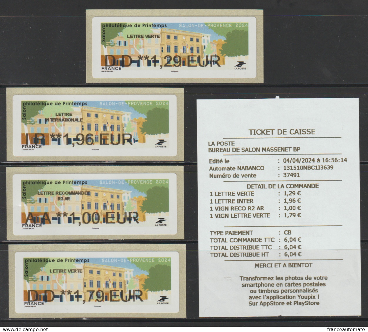 4 Atms,NABANCO, DD 1.29, IP 1.96, AA R3 AR 1.00, DD 1.79€.Hotel De Ville, Salon De Provence, 4 04 24, Salon De Printemps - 2010-... Illustrated Franking Labels