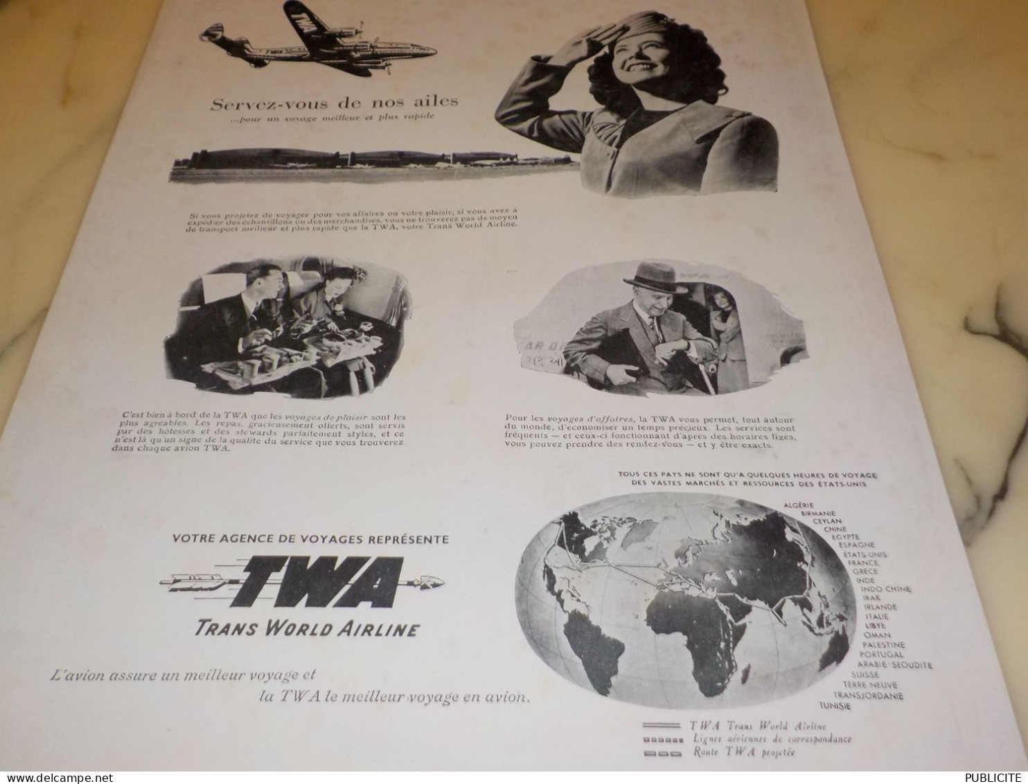 ANCIENNE PUBLICITE SERVEZ VOUS DE NOS AILES   TWA  1947 - Advertenties