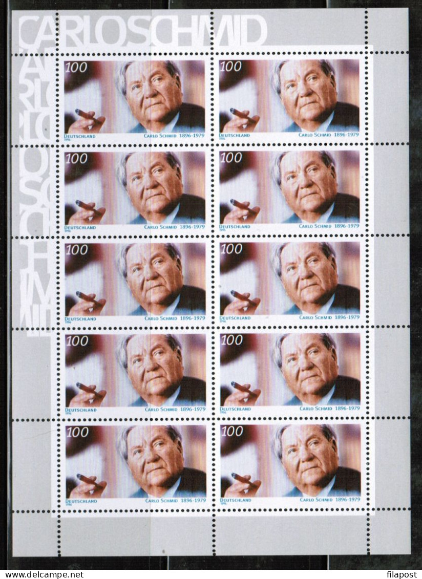 Germany 1996 / Michel 1894 Kb - Carlo Schmid, Politician, Academic, Social Democratic Party - Sheet Of 10 Stamps MNH - Unused Stamps