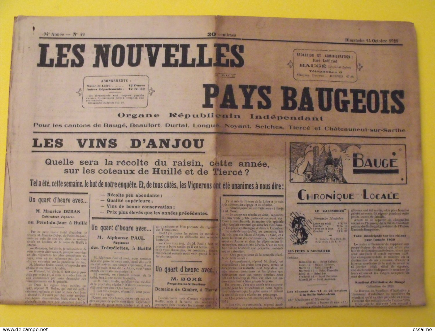 Journal Les Nouvelles Du Pays Baugeois. Baugé (49). N° 42 Du 14 Octobre 1928. Durtal Longué Noyant Seiches Tiercé - Pays De Loire