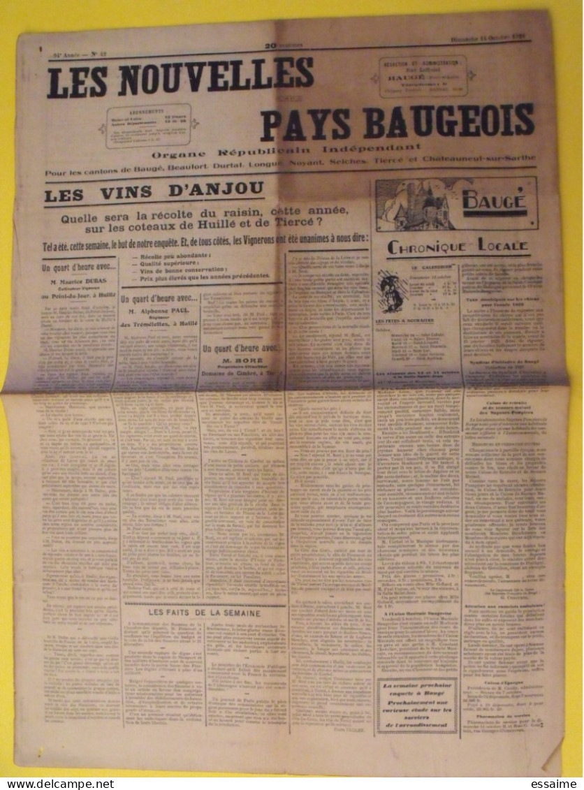 Journal Les Nouvelles Du Pays Baugeois. Baugé (49). N° 42 Du 14 Octobre 1928. Durtal Longué Noyant Seiches Tiercé - Pays De Loire