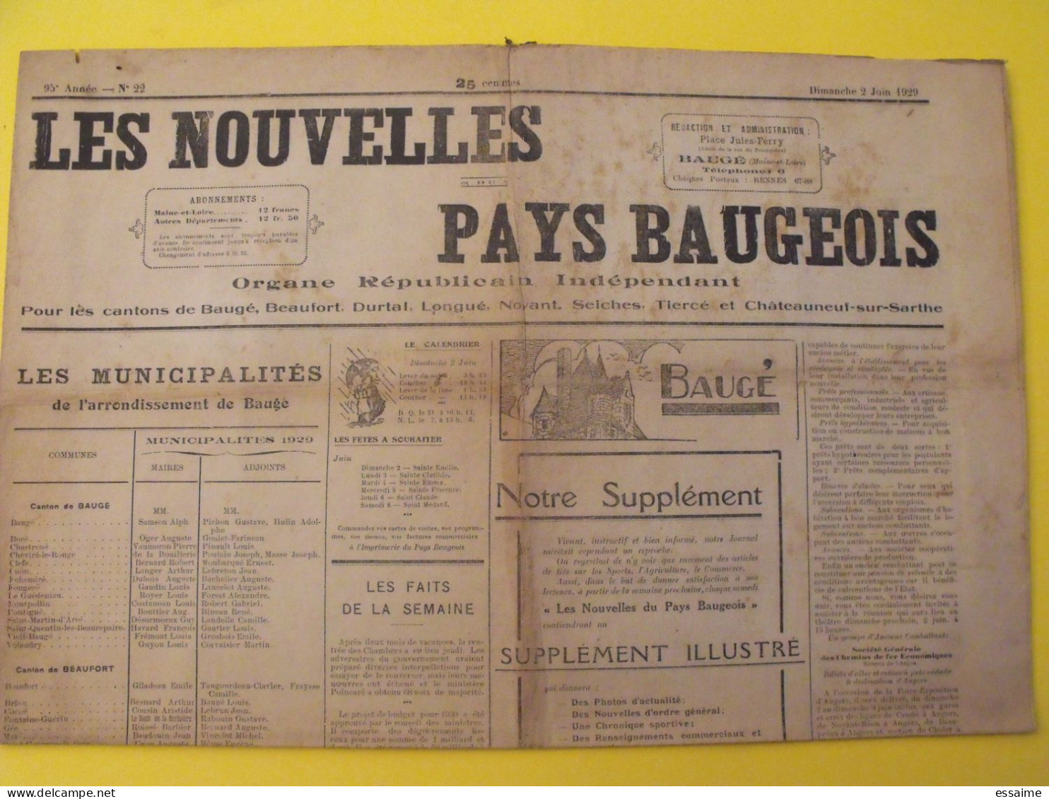 Journal Les Nouvelles Du Pays Baugeois. Baugé (49). N° 22 Du 2 Juin 1929. Durtal Longué Noyant Seiches Tiercé - Pays De Loire