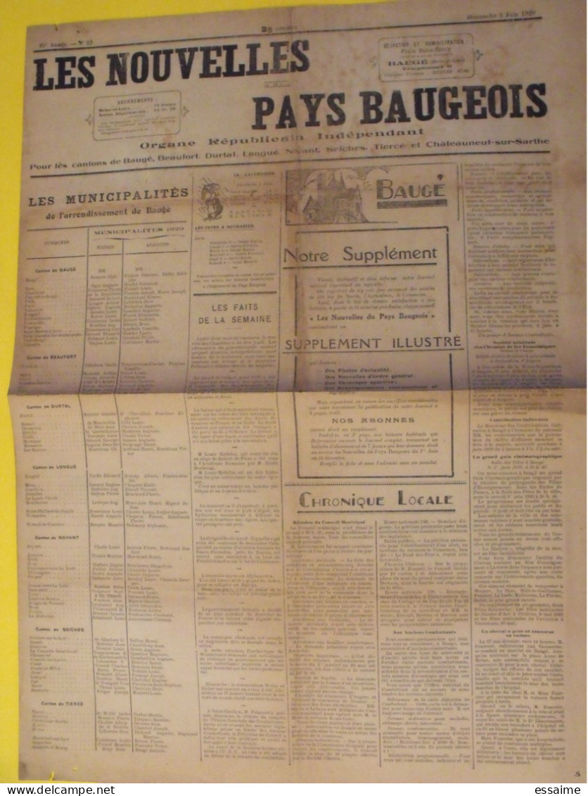 Journal Les Nouvelles Du Pays Baugeois. Baugé (49). N° 22 Du 2 Juin 1929. Durtal Longué Noyant Seiches Tiercé - Pays De Loire