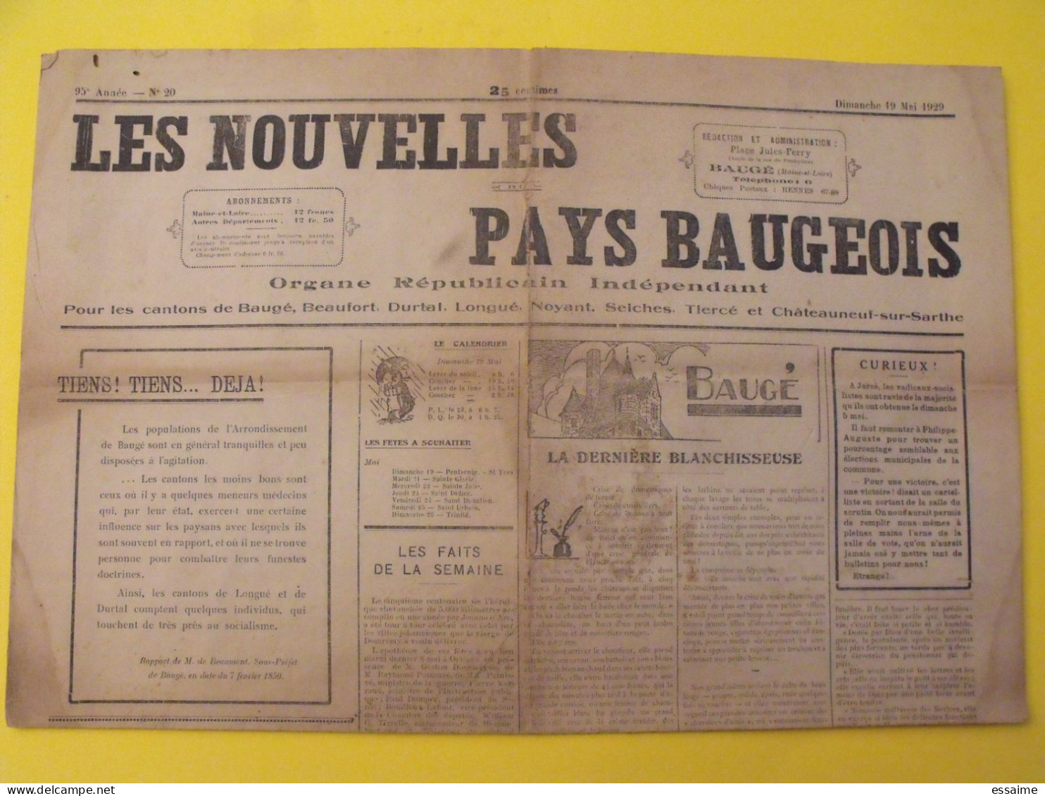 Journal Les Nouvelles Du Pays Baugeois. Baugé (49). N° 20 Du 19 Mai 1929. Durtal Longué Noyant Seiches Tiercé - Pays De Loire