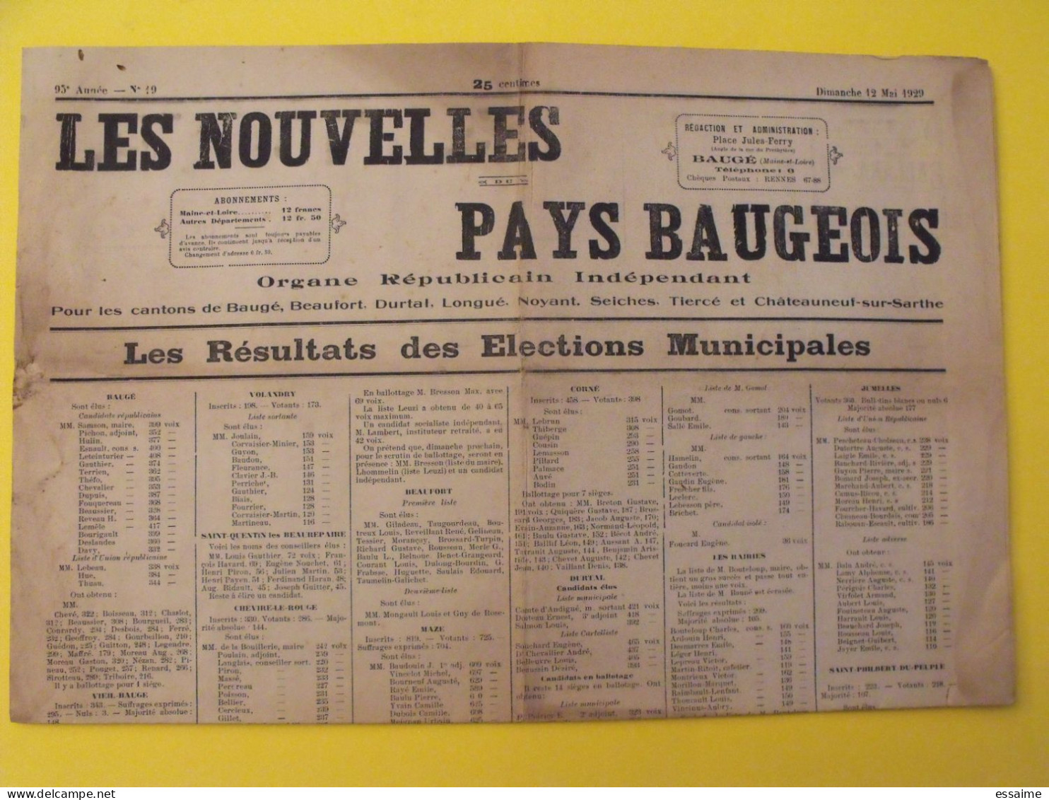 Journal Les Nouvelles Du Pays Baugeois. Baugé (49). N° 19 Du 12 Mai 1929. Durtal Longué Noyant Seiches Tiercé - Pays De Loire