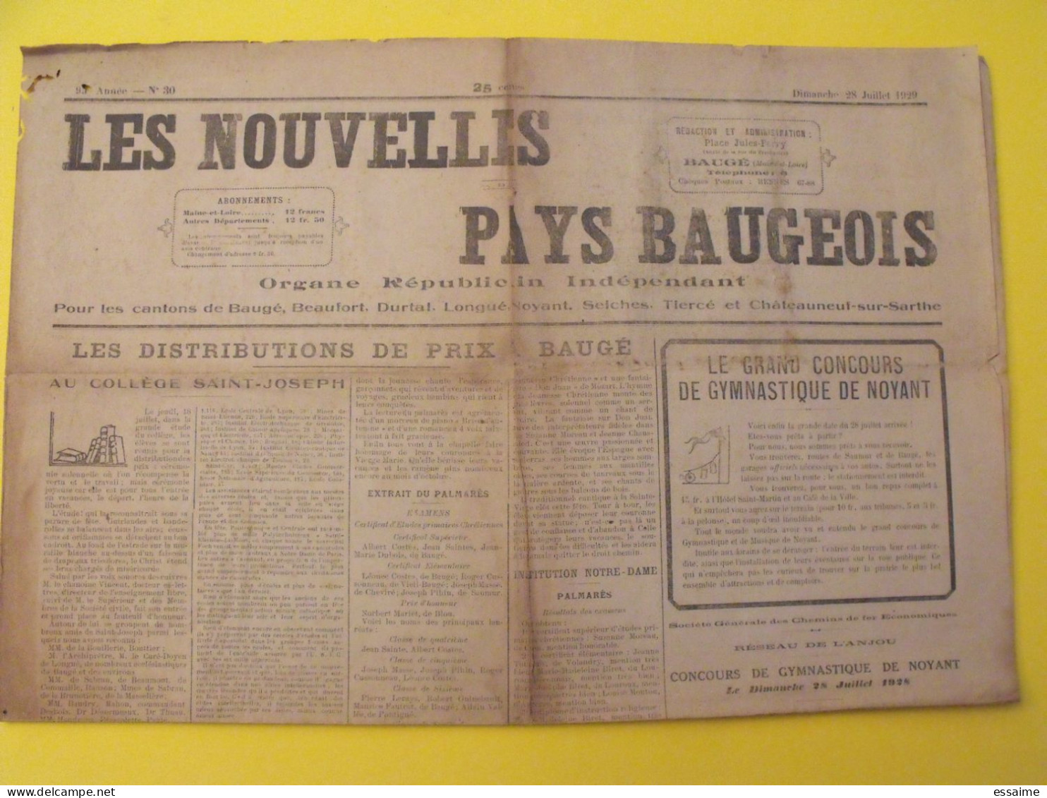 Journal Les Nouvelles Du Pays Baugeois. Baugé (49). N° 30 Du 28 Juillet 1929. Durtal Longué Noyant Seiches Tiercé - Pays De Loire