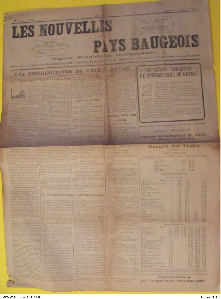 Journal Les Nouvelles Du Pays Baugeois. Baugé (49). N° 30 Du 28 Juillet 1929. Durtal Longué Noyant Seiches Tiercé - Pays De Loire