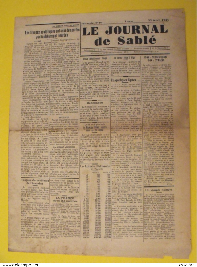 Le Journal De Sablé (Sarthe) N° 16 Du 22 Avril 1944. Collaboration. Pétain Giraud Weiss Staline Prisonniers De Guerre - Guerre 1939-45