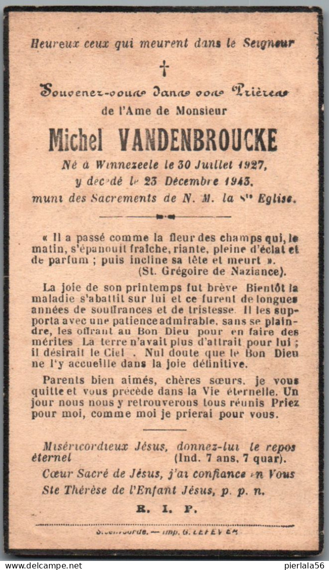 Bidprentje Winnezele (Fra) - Vandenbroucke Michel (1927-1943) - Devotion Images