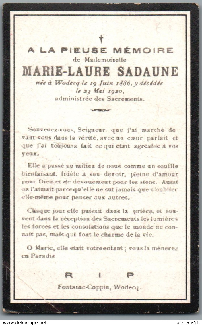 Bidprentje Wodecq - Sadaune Marie Laure (1886-1920) - Devotion Images