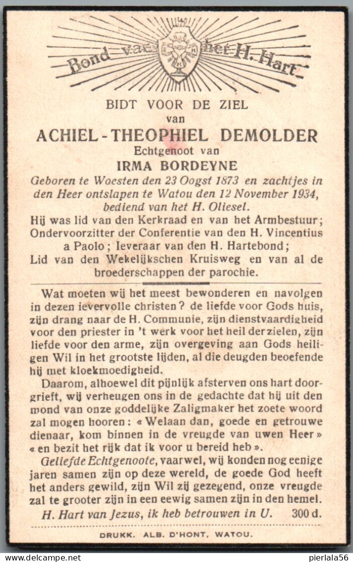 Bidprentje Woesten - Demolder Achiel Theophiel (1873-1934) - Devotion Images
