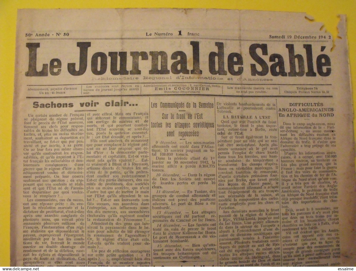 Le Journal De Sablé (Sarthe) N° 50 Du 19 Décembre 1942. Collaboration. Pétain Fuhrer Guerre Vichy Tunisie - War 1939-45