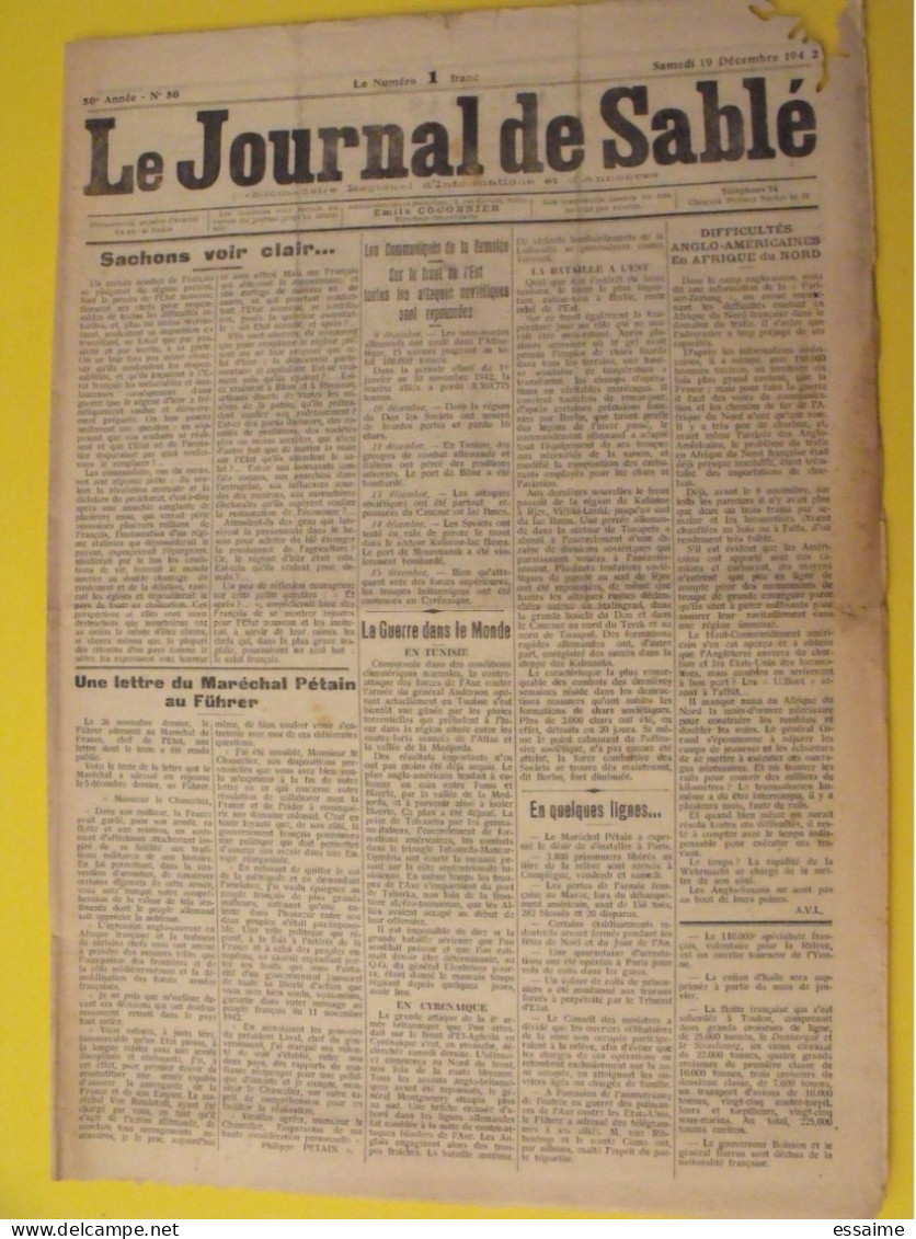 Le Journal De Sablé (Sarthe) N° 50 Du 19 Décembre 1942. Collaboration. Pétain Fuhrer Guerre Vichy Tunisie - Guerre 1939-45