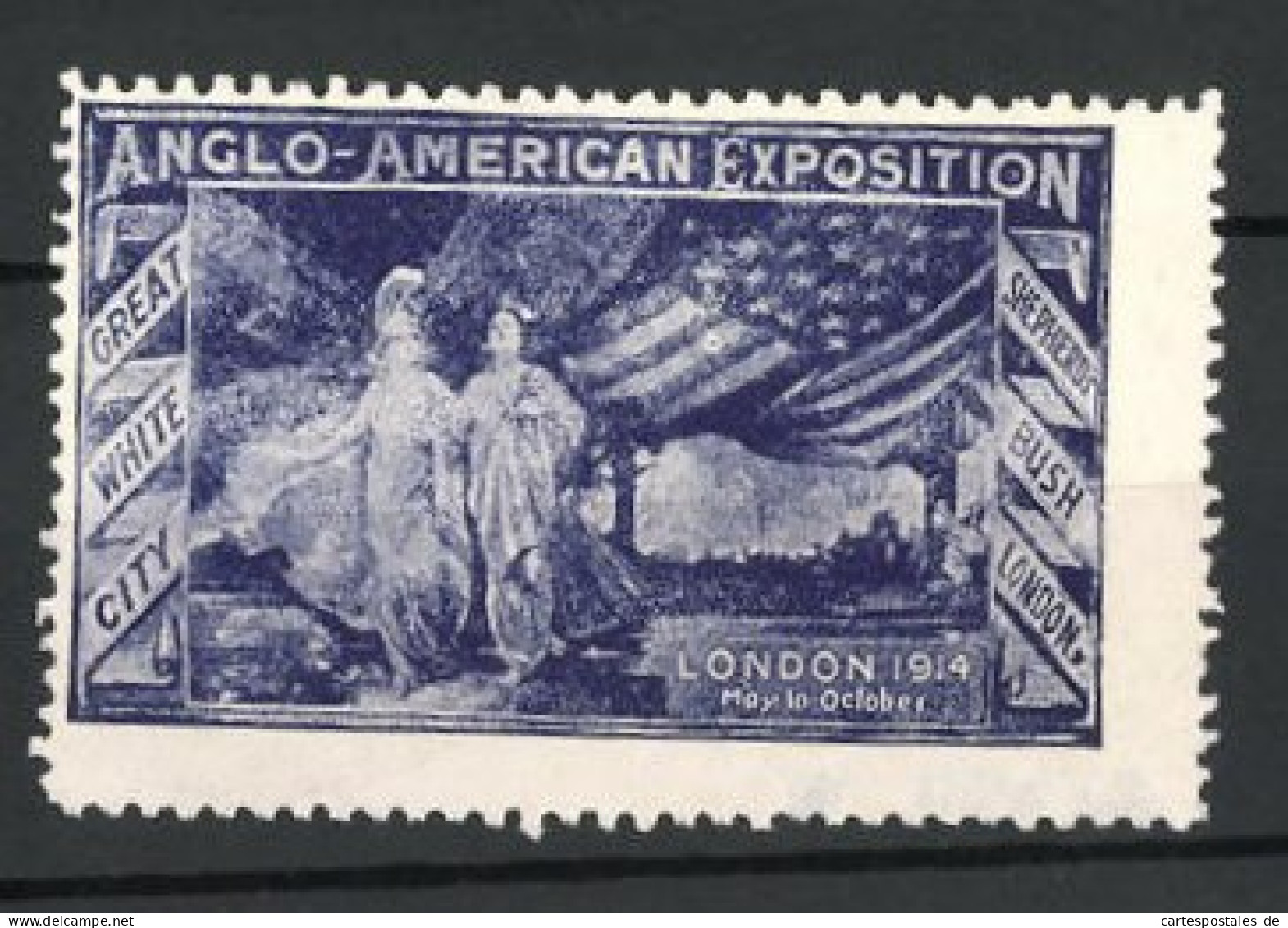 Reklamemarke London, Anglo-American Exposition 1914, Zwei Göttinnen Mit Flaggen Am Stadtrand  - Erinnophilie