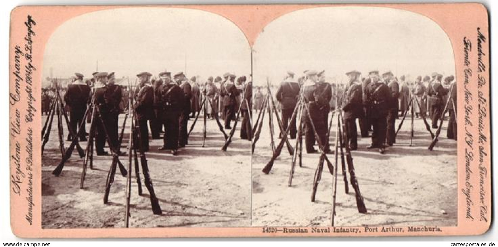 Stereo-Fotografie Keystone View Company, Meadville /Pa, Ansicht Port Arthur /Manchuria, Russian Naval Infantry  - Stereoscoop