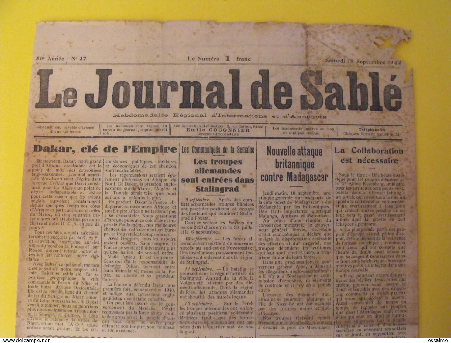 Le Journal De Sablé (Sarthe) N° 37 Du 19 Septembre 1942. Collaboration. Pétain Fuhrer Guerre Vichy Dakar Stalingrad - Guerre 1939-45