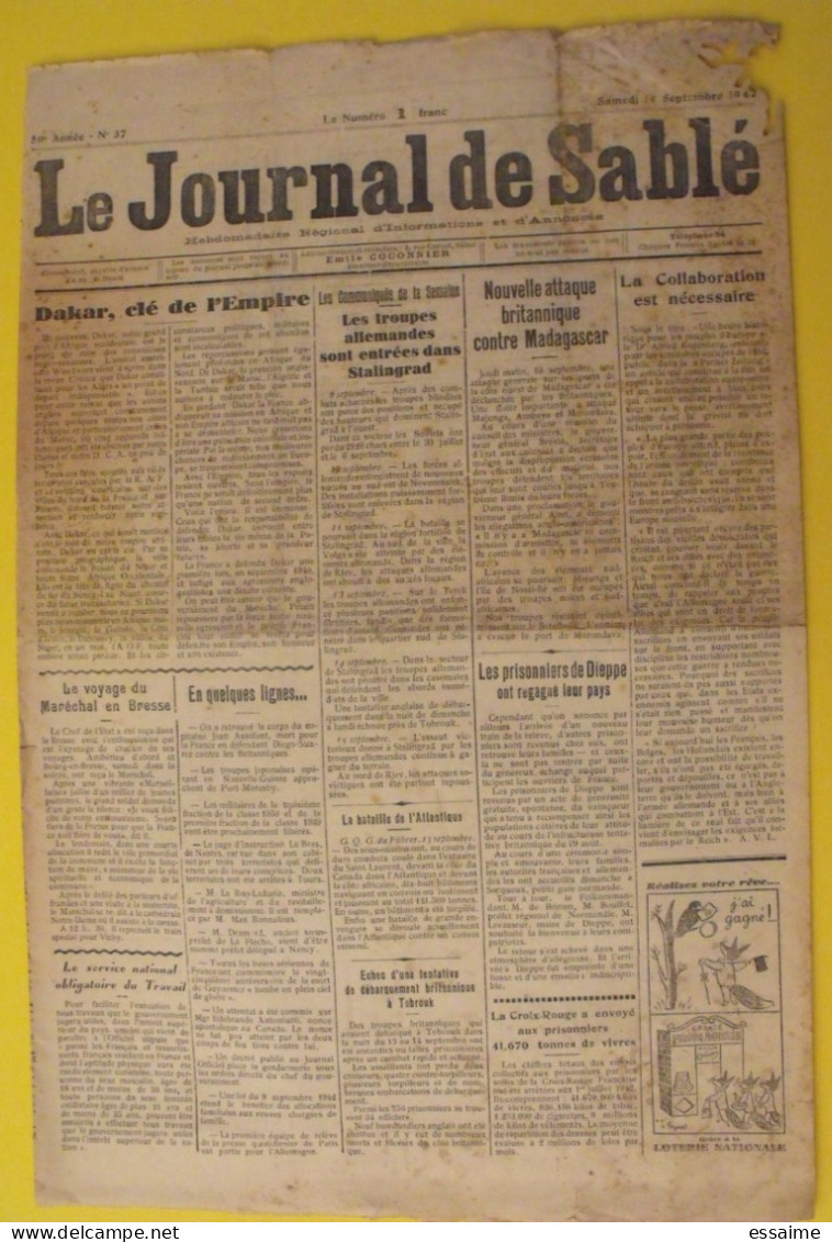Le Journal De Sablé (Sarthe) N° 37 Du 19 Septembre 1942. Collaboration. Pétain Fuhrer Guerre Vichy Dakar Stalingrad - Weltkrieg 1939-45