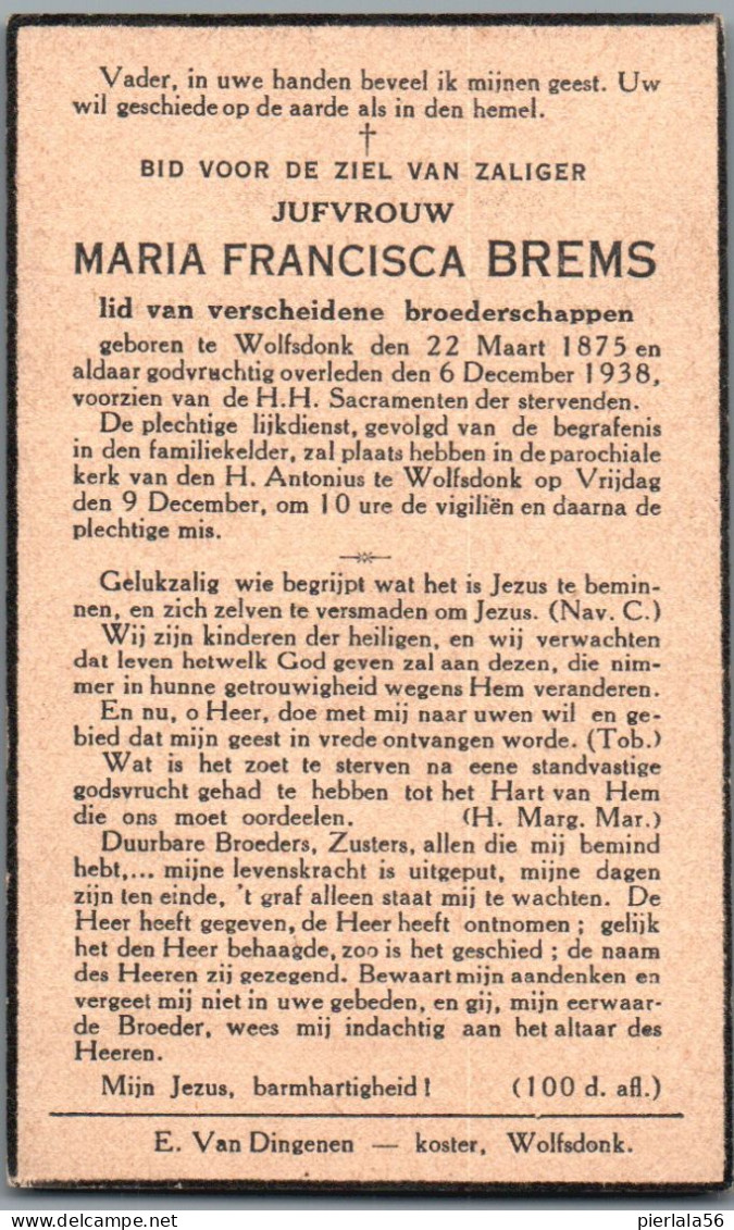 Bidprentje Wolfsdonk - Brems Maria Francisca (1875-1938) - Devotion Images