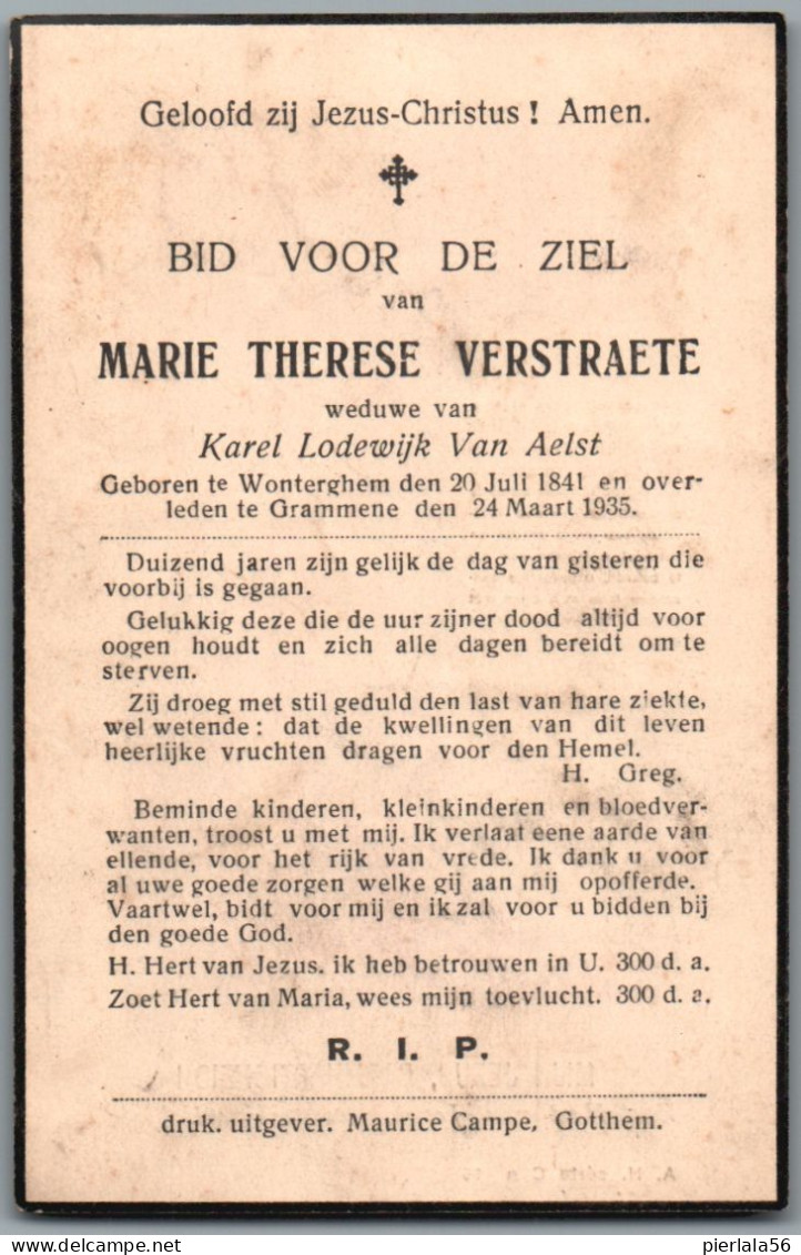 Bidprentje Wontergem - Verstraete Marie Therese (1841-1935) - Devotion Images