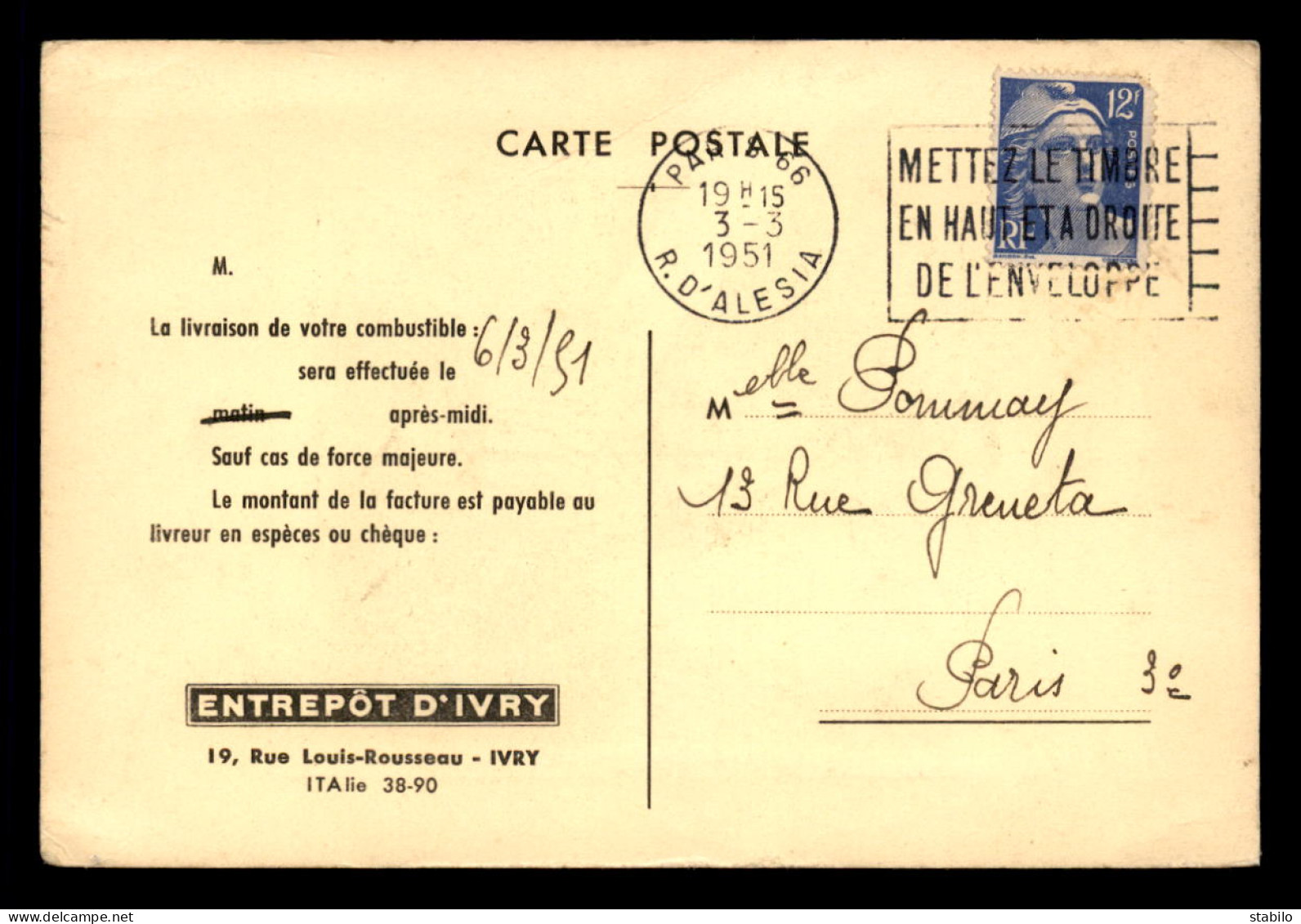 94 - IVRY-SUR-SEINE - PUBLICITE - ENTREPOT DE COMBUSTIBLE, 19 RUE LOUIS ROUSSEAU - DESSIN DE H. DAUMIER - Ivry Sur Seine