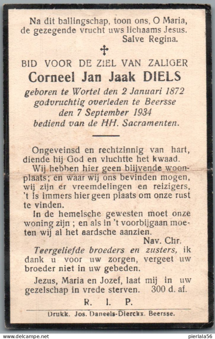 Bidprentje Wortel - Diels Corneel Jan Jaak (1872-1934) Plooi - Andachtsbilder