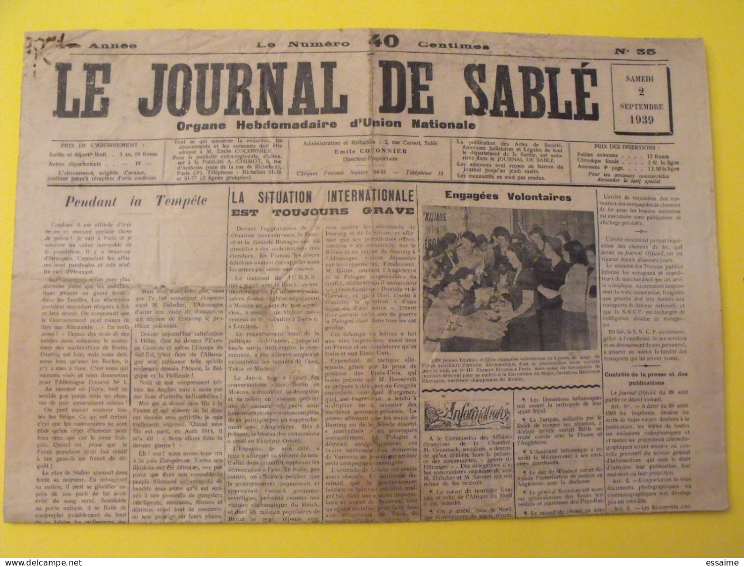 Le Journal De Sablé (Sarthe) N° 35 Du 2 Décembre 1939.  Guerre France En Alerte  Pologne Réquisition - Guerre 1939-45