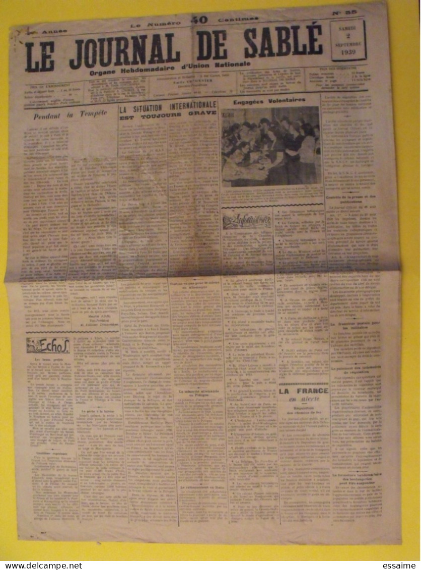 Le Journal De Sablé (Sarthe) N° 35 Du 2 Décembre 1939.  Guerre France En Alerte  Pologne Réquisition - Guerra 1939-45