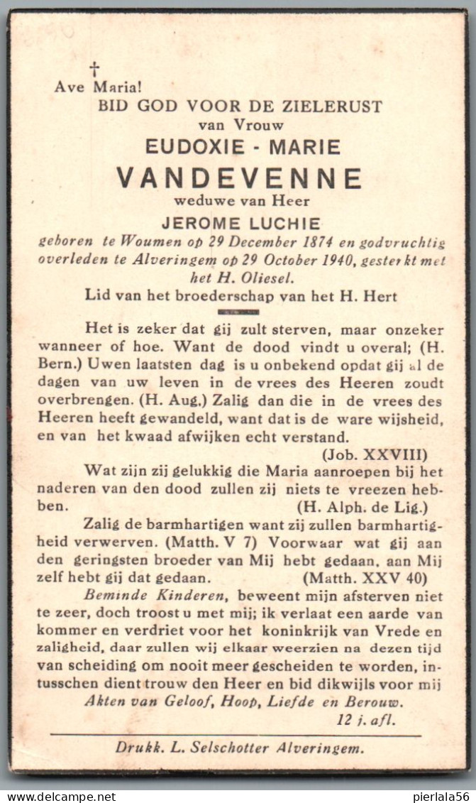 Bidprentje Woumen - Vandevenne Eudoxie Marie (1874-1940) - Devotion Images