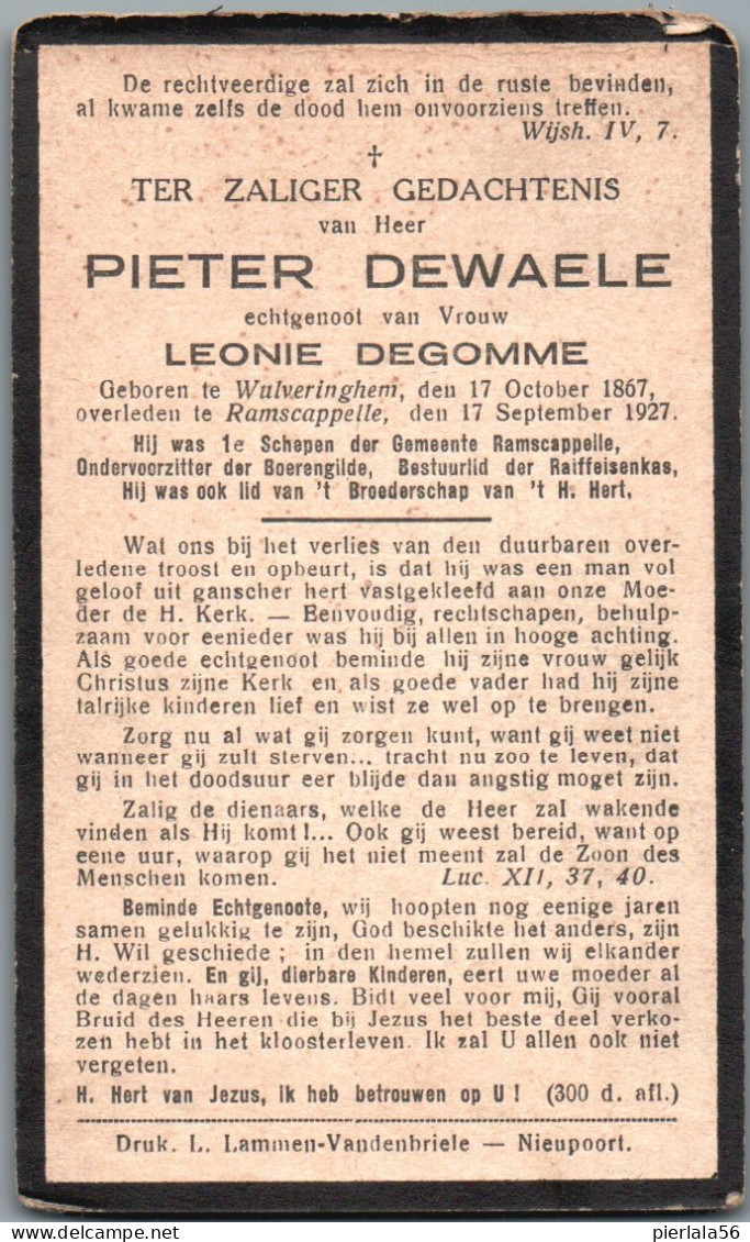 Bidprentje Wulveringem - Dewaele Pieter (1867-1927) - Devotion Images