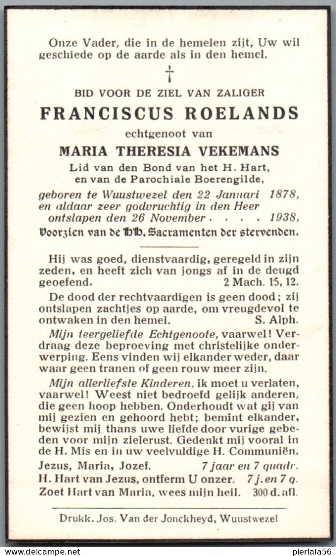 Bidprentje Wuustwezel - Roelands Franciscus (1878-1938) - Devotion Images
