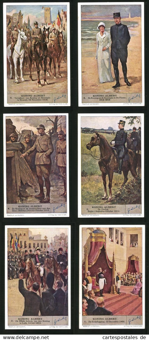 6 Sammelbilder Liebig, Serie Nr. 1342: Koning Albert, De Eedaflegging, De Oorlog, Soldaten In Uniform, Königin  - Liebig