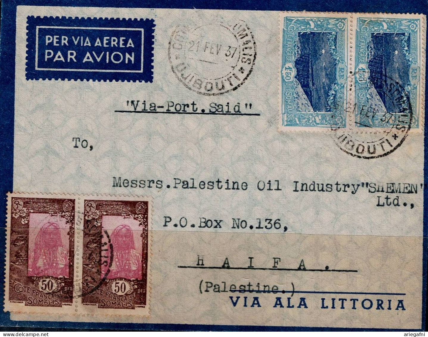 DJIBOUTI 1937 COVER FLYING BY ITALIAN PAR AVION IN 21/2/37 FROM DJIBOUTI VIA PORT SAID VIA CAIRE TO HAIFA VF!! - Other & Unclassified