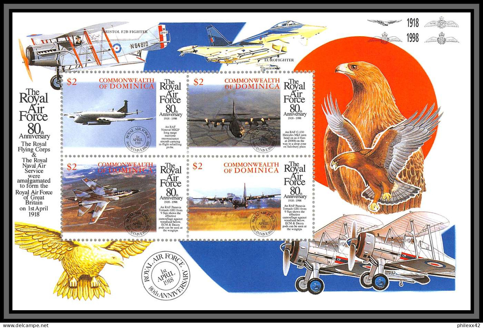 81407 Dominique Dominica Mi 2573/2576  366/367 Royal Air Force 80th Anniversary 1998 ** MNH Avions Planes Aigle Eagle - Vliegtuigen