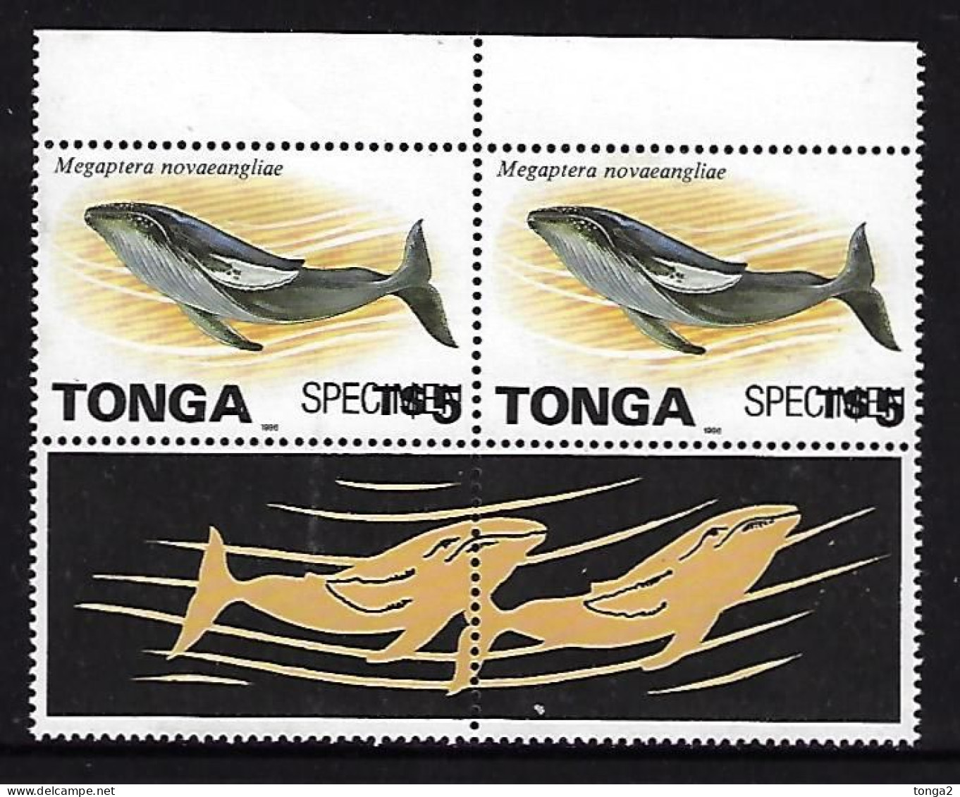 Tonga 1996 - $5.00 Whale Pair Ovptd Pecimen - Walvissen