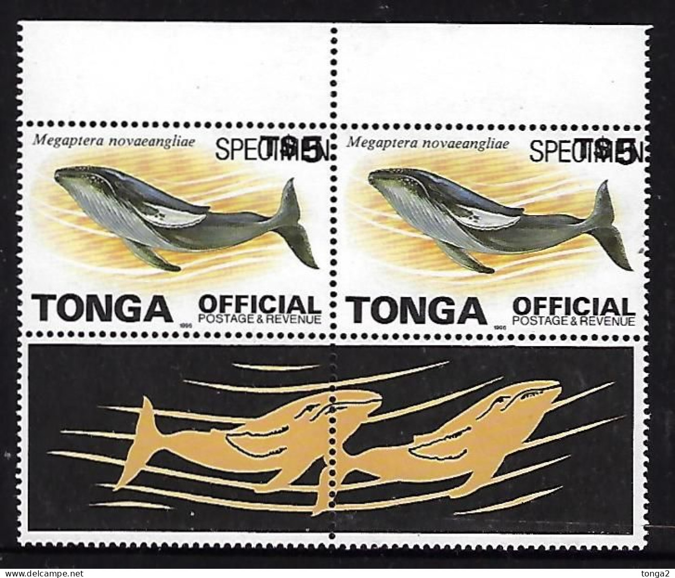 Tonga 1996 - $5.00 Whale Official Pair Ovptd Pecimen - Balene