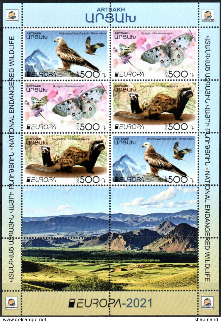 Artsakh 2021 "Europa"The National Endangered Wildlife. Red Kite,Marbled Polecat,Apollo" MS Quality:100% - Armenien