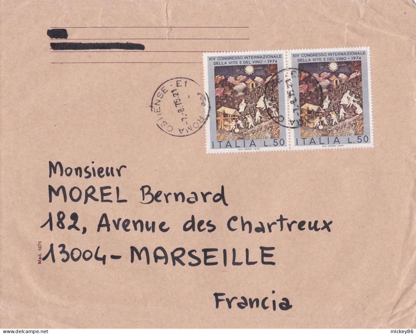 Italie-1975--lettre De ROMA OSTIENSE  Pour  MARSEILLE-13 (France).paire De Timbres...cachet  7-8-75 --format  C5 - 1971-80: Marcophilia