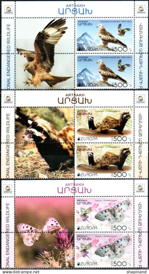 Artsakh 2021 "Europa"The National Endangered Wildlife. Red Kite,Marbled Polecat,Apollo" 3v Zd Zf X 2 Quality:100% - Armenien