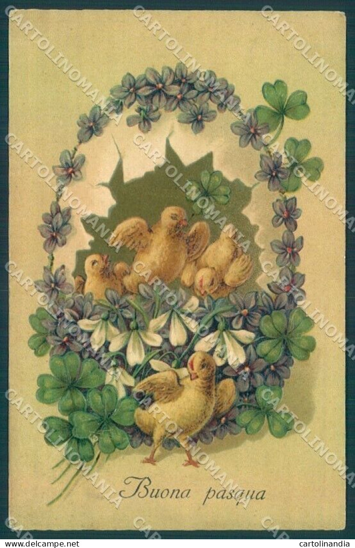 Greetings Easter Chick Egg Violet Four Leaf Clover Relief Postcard TW1866 - Otros & Sin Clasificación