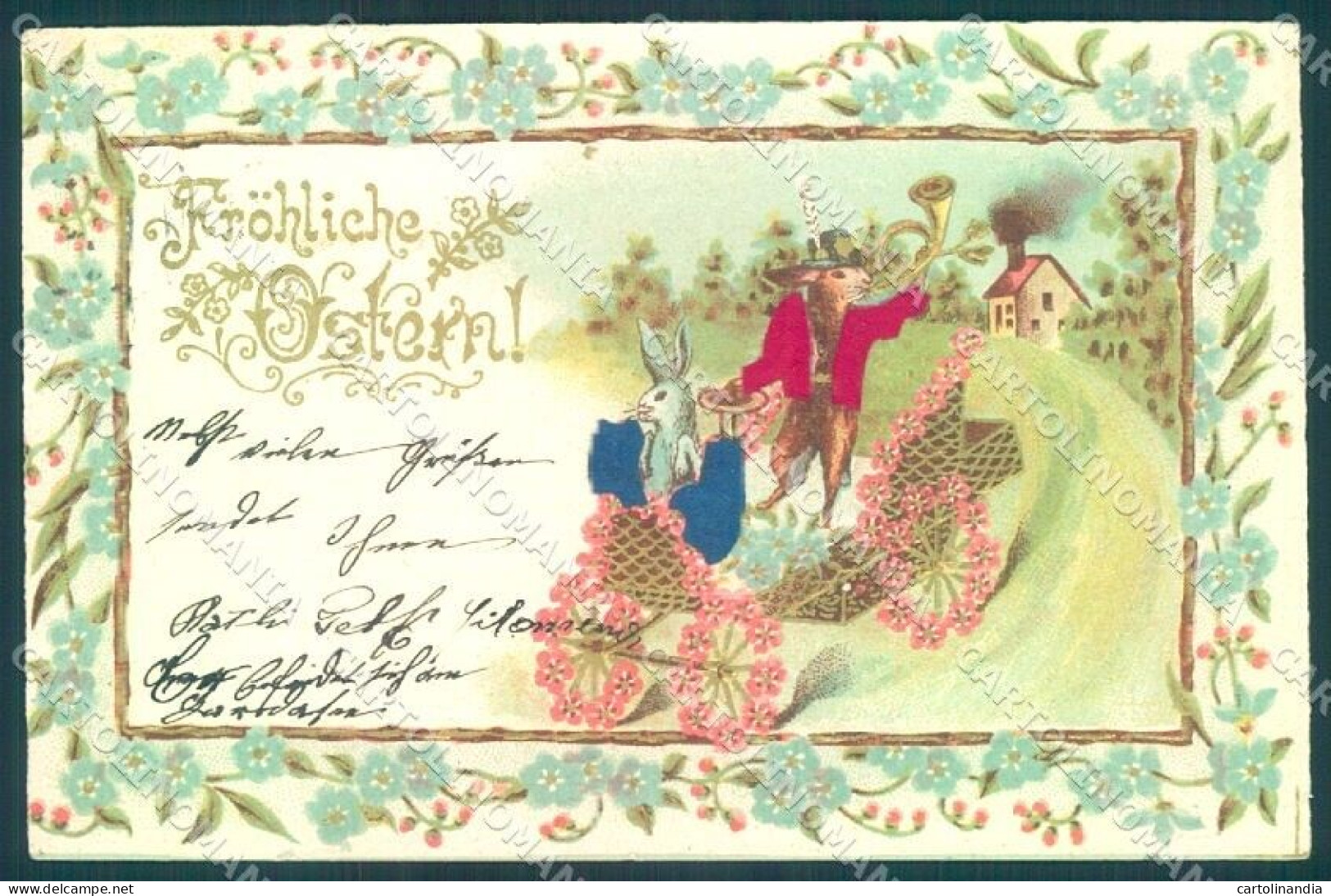 Greetings Easter Dressed Hare Flower Relief Silk CORNER CREASE Postcard TW1812 - Otros & Sin Clasificación