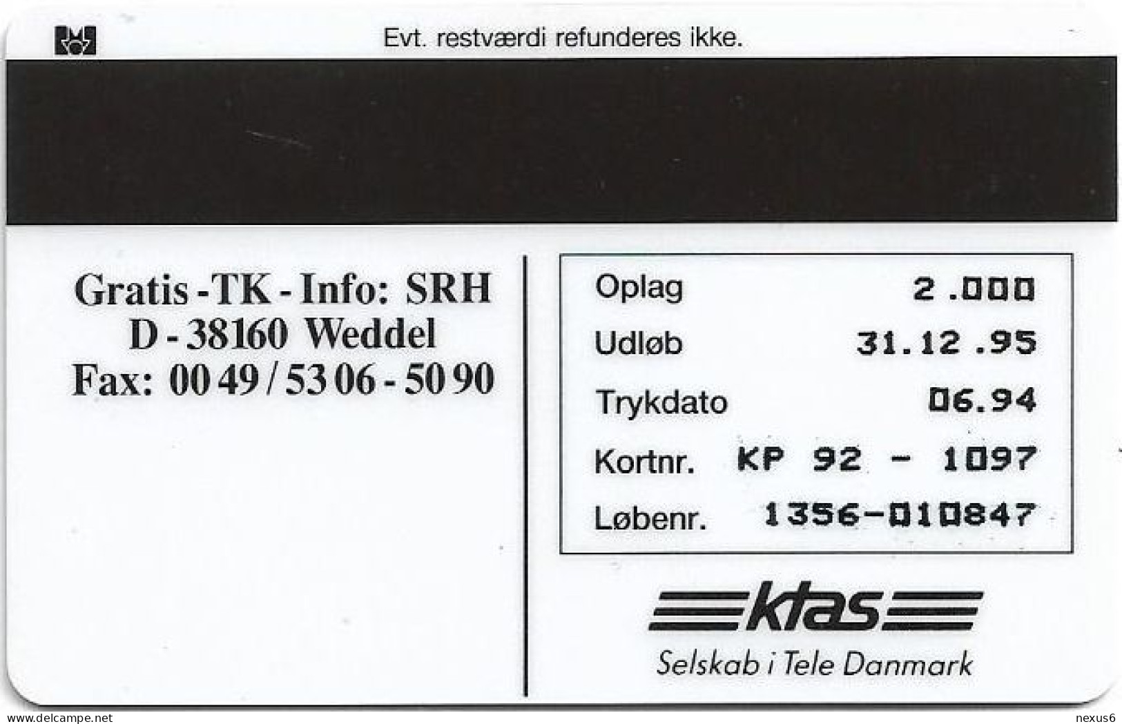 Denmark - KTAS - Ships (Green) - United States - TDKP092 - 06.1994, 2.000ex, 5kr, Used - Dänemark