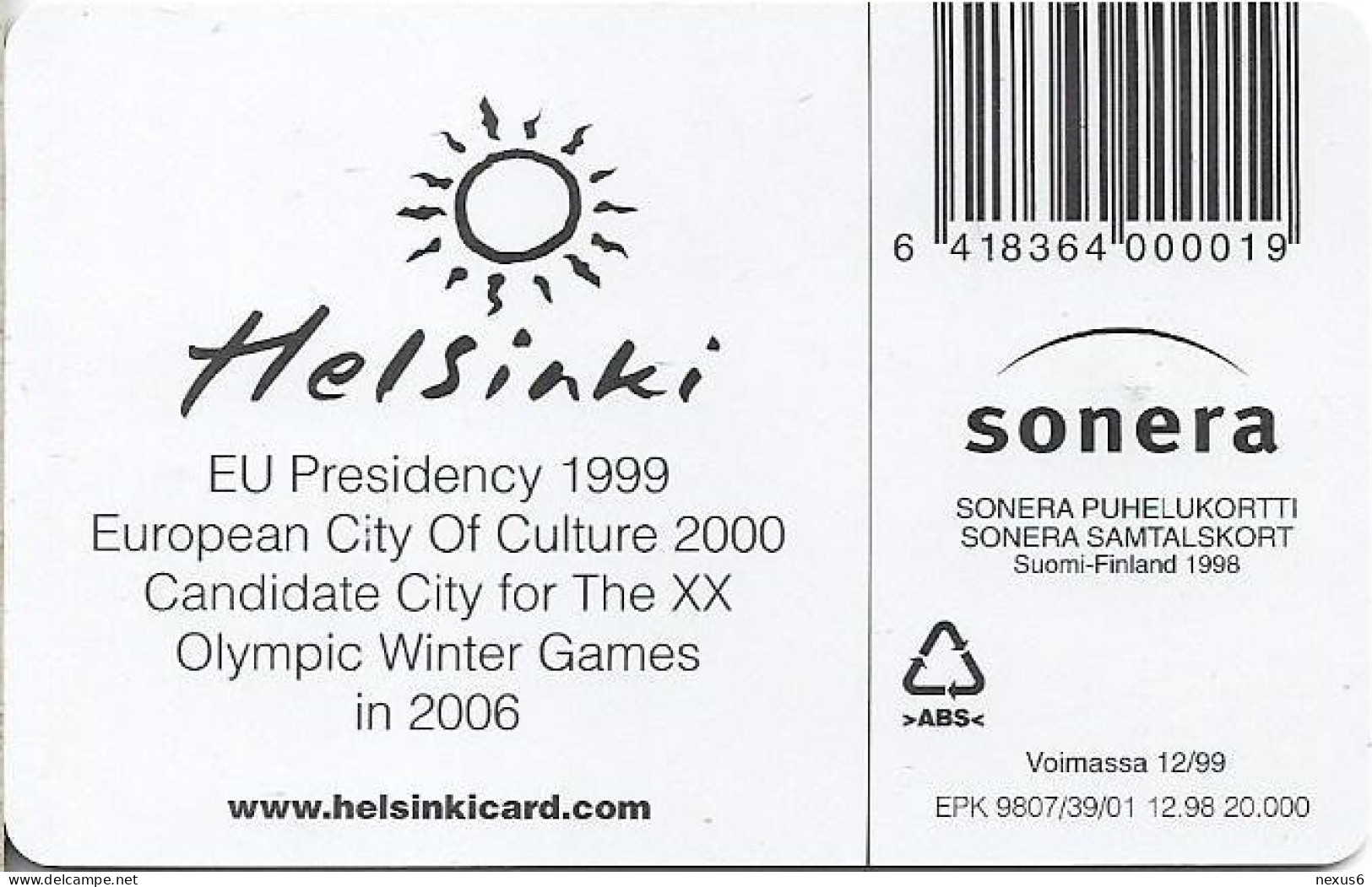 Finland - Sonera (Chip) - D Series - Helsinki Card, Chip GD04, 12.1998, 30U, 20.000ex, Mint - Finlande