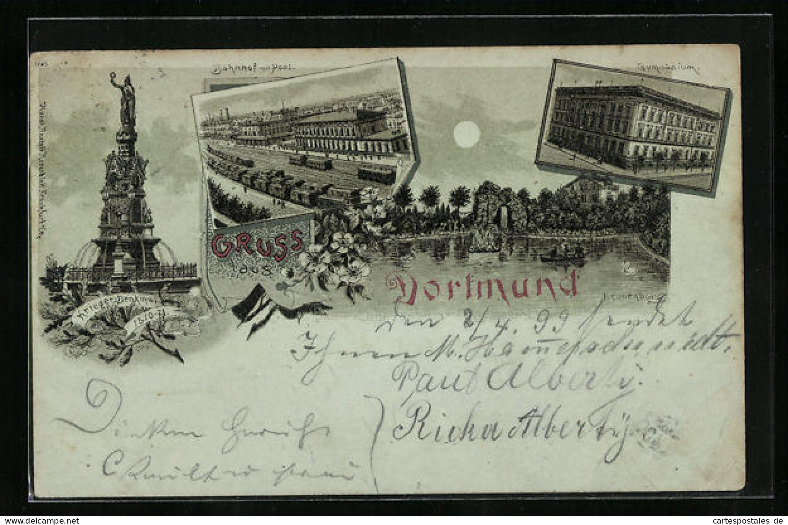 Mondschein-Lithographie Dortmund, Gymnasium, Bahnhof Mit Post, Kriegerdenkmal, Kranenburg  - Dortmund