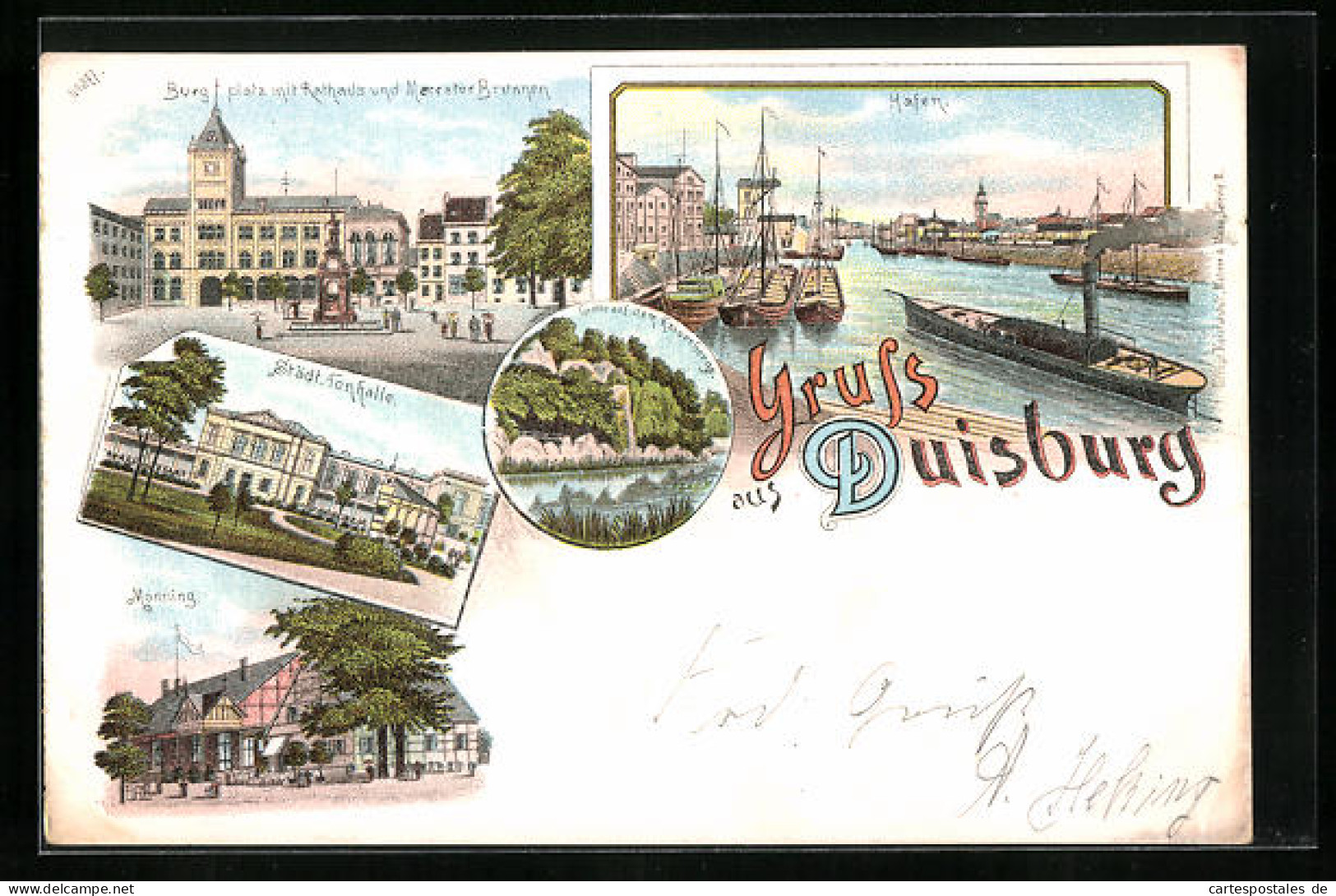 Lithographie Duisburg, Burgplatz Mit Rathaus, Städt. Tonhalle, Hafen, Monning, Dampfer  - Duisburg