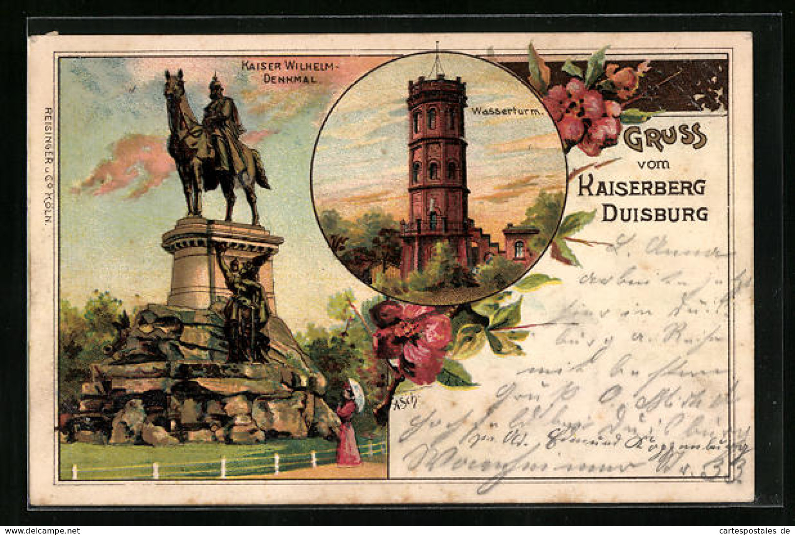 Lithographie Duisburg, Kaiserberg, Wasserturm, Kaiser-Wilhelm-Denkmal  - Duisburg