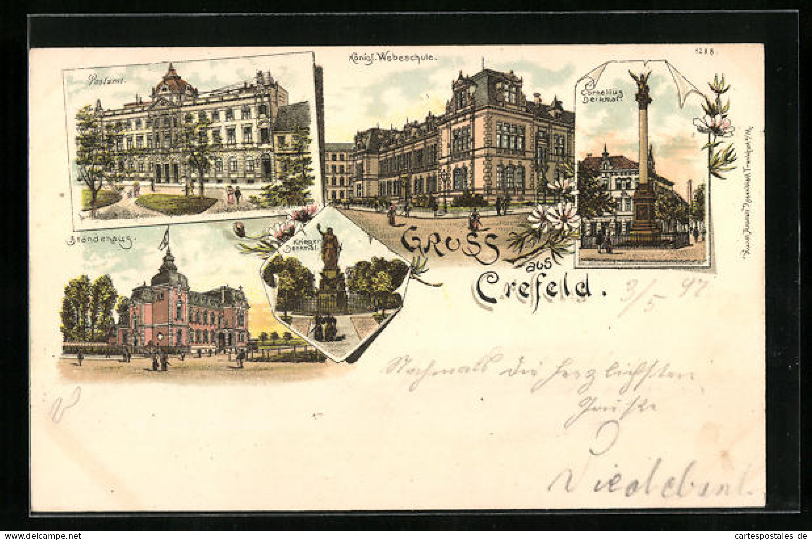 Lithographie Krefeld, Postamt, Königl. Webeschule, Cornelliusdenkmal, Ständehaus  - Krefeld