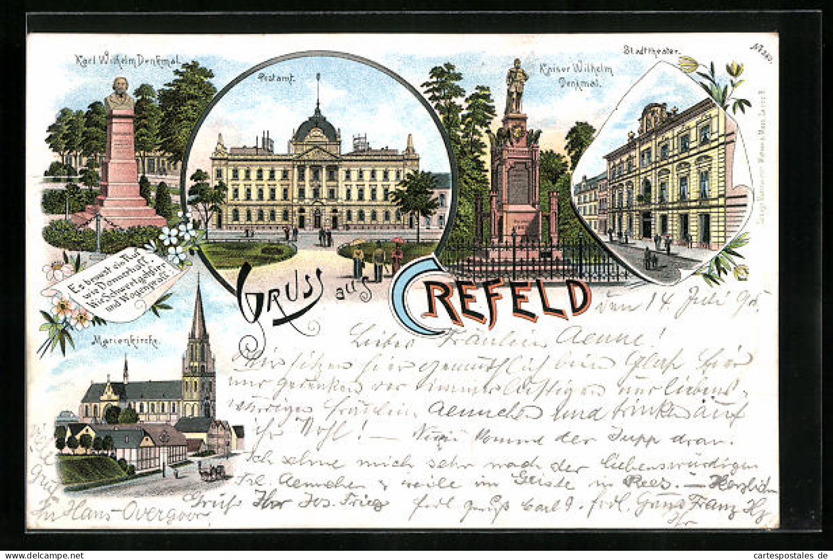 Vorläufer-Lithographie Krefeld, 1895, Postamt, Karl-Wilhelm-Denkmal, Stadttheater, Marienkirche  - Krefeld